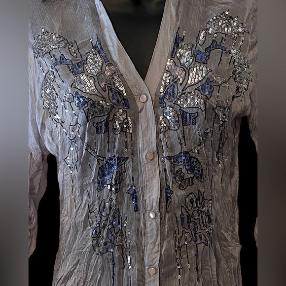 Lucy & Co. Gray sheer button up sequin embellished v-neck blouse size S. NWT - Picture 5 of 11